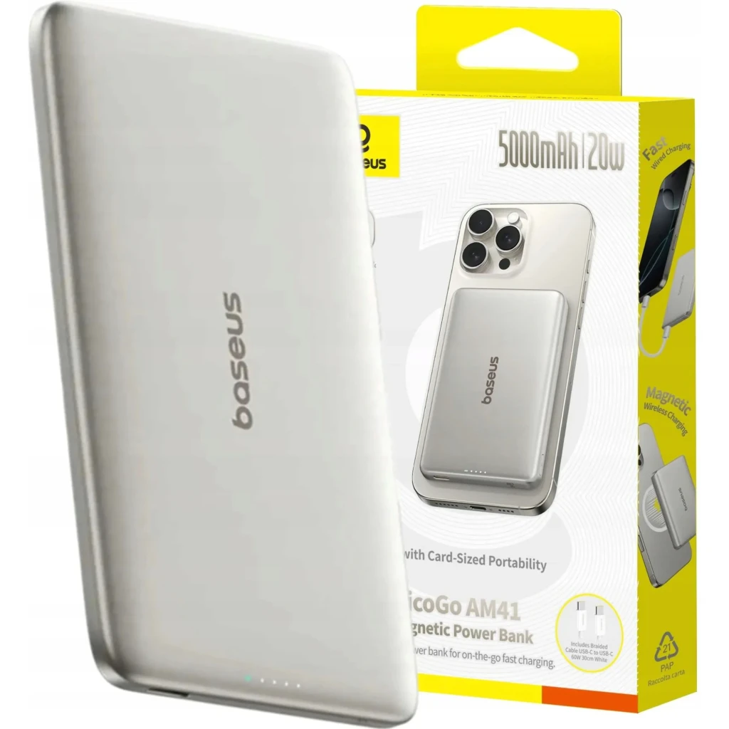 Power Bank Baseus PicoGo AM41 gris, boîtier fin alu, anneau MagSafe blanc, indicateurs LED, port USB-C, bords arrondis, design minimaliste compact - Ítem3