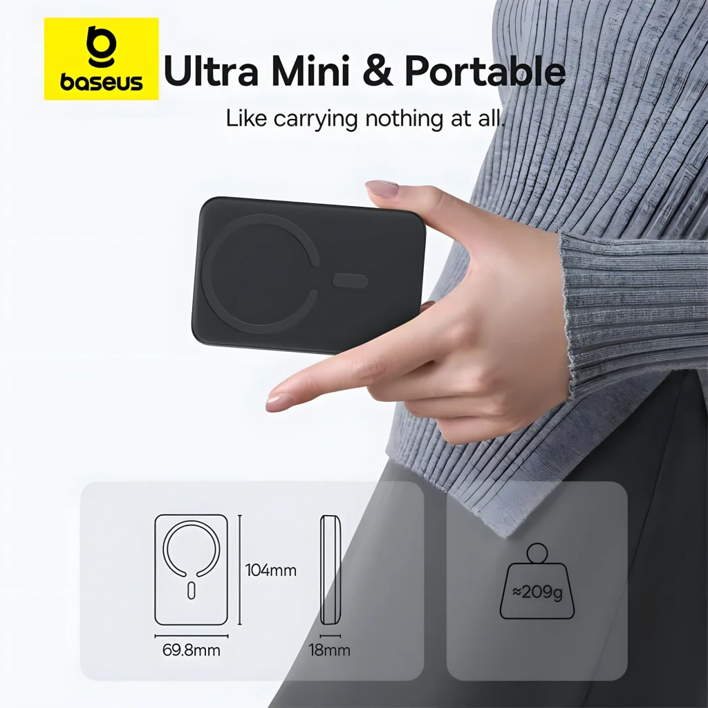 Power Bank Baseus EnerFill FM11 blanco, compacto, 10000mAh, 22.5W. Diseño magnético MagSafe con anillo, indicadores LED y puerto USB-C. - Ítem2