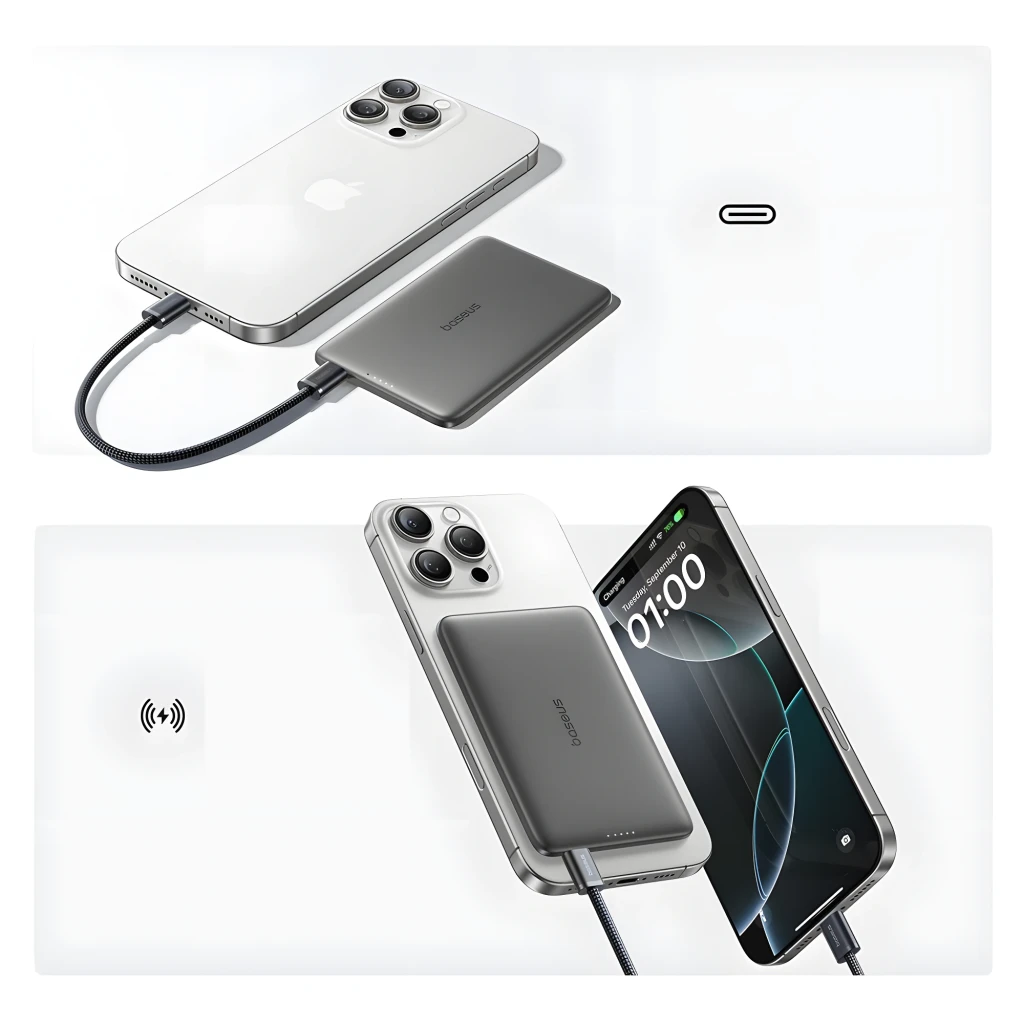 Power Bank Baseus PicoGo AM41 gris, boîtier fin alu, anneau MagSafe blanc, indicateurs LED, port USB-C, bords arrondis, design minimaliste compact - Ítem2