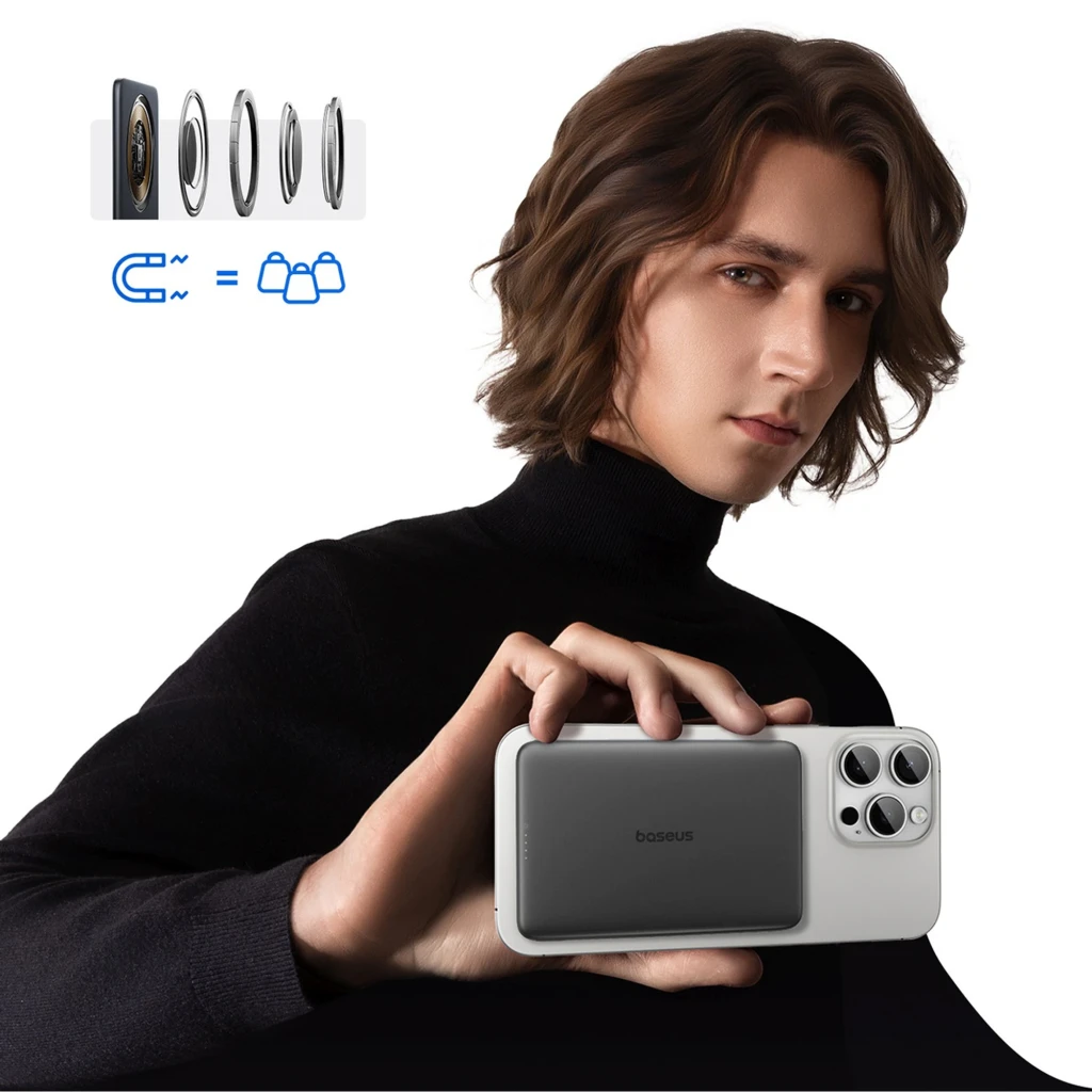 Power Bank Baseus PicoGo AM41 gris, boîtier fin alu, anneau MagSafe blanc, indicateurs LED, port USB-C, bords arrondis, design minimaliste compact - Ítem1