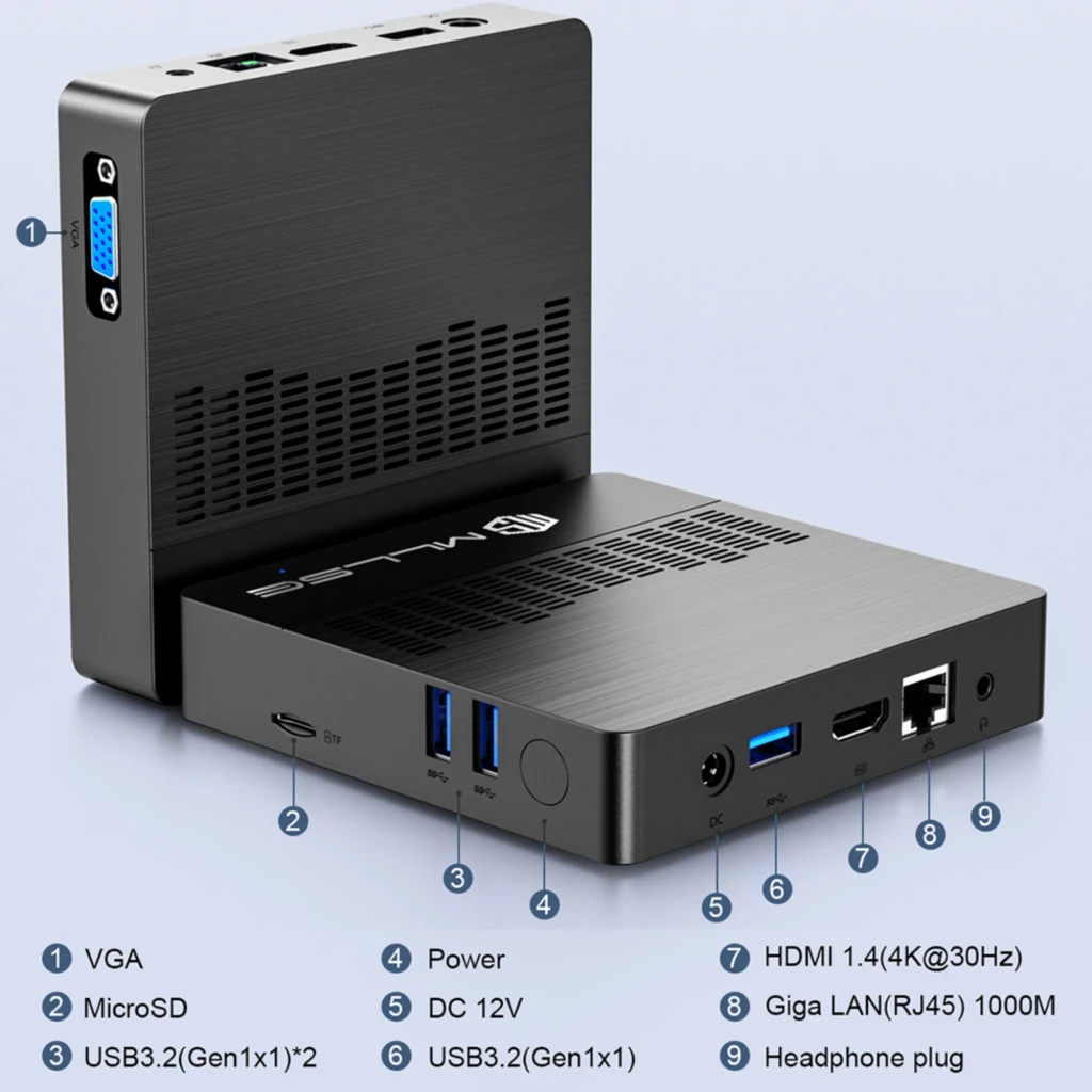 Mini PC MLLSE M2 Air Intel N4000 negro, 6 GB RAM, 128 GB. Chasis metálico con rejillas, puertos USB 3.0, HDMI, VGA, RJ45 y audio. Compacto y elegante. - Ítem5