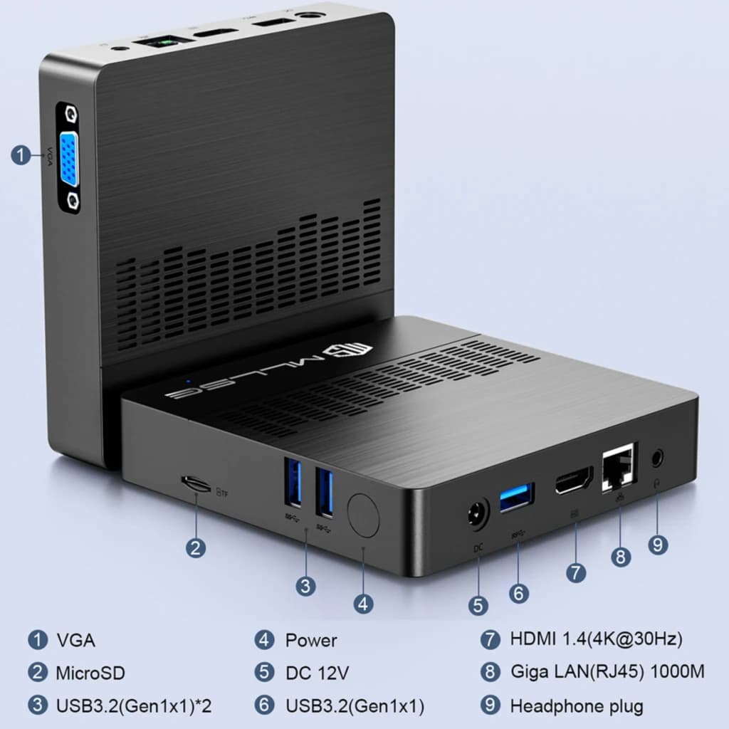MLLSE M2 Air Mini PC Negro con carcasa metálica, ranuras de ventilación y puertos VGA, HDMI 4K, USB 3.2, microSD, LAN RJ45, audio y alimentación DC