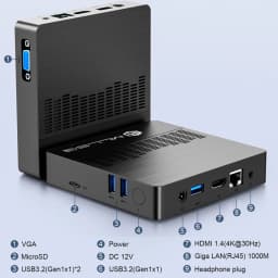 MLLSE M2 Air Mini PC Negro con carcasa metálica, ranuras de ventilación y puertos VGA, HDMI 4K, USB 3.2, microSD, LAN RJ45, audio y alimentación DC