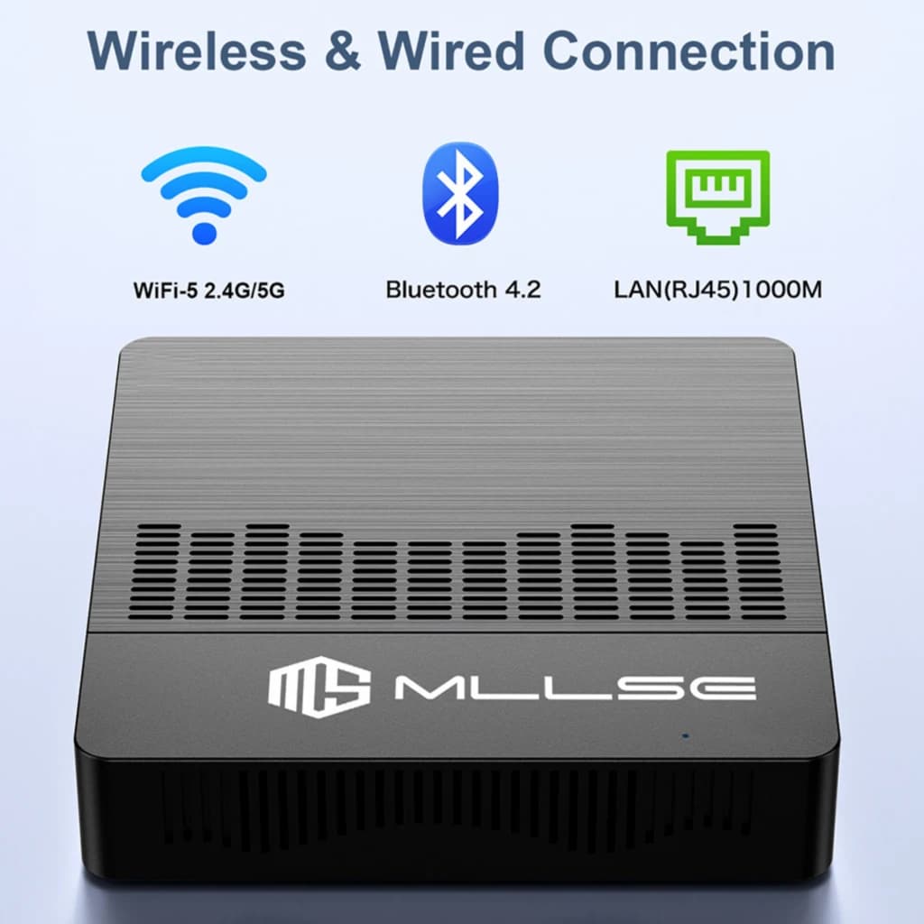 MLLSE M2 Air Mini PC Intel N4000 negro, chasis compacto con rejillas superiores, logo MLLSE frontal, conectividad WiFi 2.4G5G, Bluetooth 4.2 y LAN RJ45 1000M