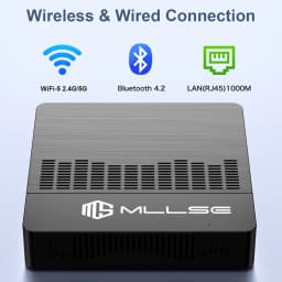 MLLSE M2 Air Mini PC Intel N4000 negro, chasis compacto con rejillas superiores, logo MLLSE frontal, conectividad WiFi 2.4G5G, Bluetooth 4.2 y LAN RJ45 1000M