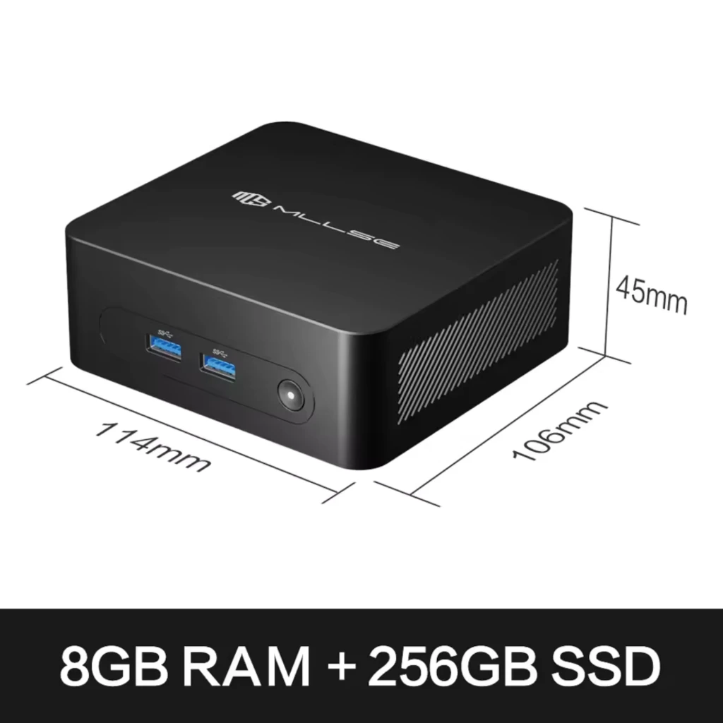 MLLSE M2 Plus Mini PC negro con carcasa compacta, puertos frontales USB azules, botón de encendido, rejillas de ventilación y panel trasero con HDMI, USB y - Ítem6