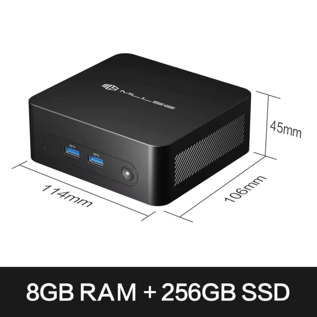 Mini PC MLLSE M2 Plus negro compacto 114x106x45 mm, carcasa mate con rejillas laterales, 2 puertos USB frontales azules y botón de encendido iluminado