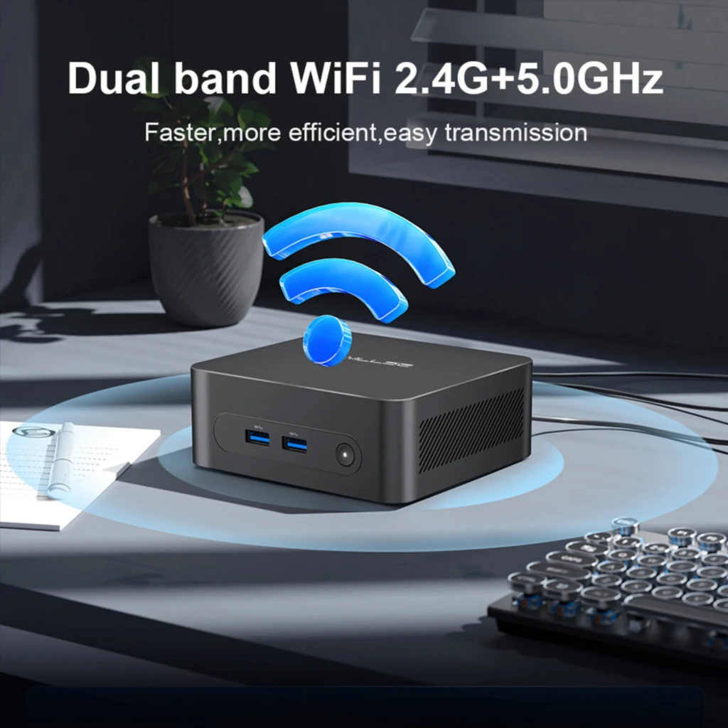 MLLSE M2 Plus Mini PC negro con carcasa compacta, puertos frontales USB azules, botón de encendido, rejillas de ventilación y panel trasero con HDMI, USB y - Ítem1