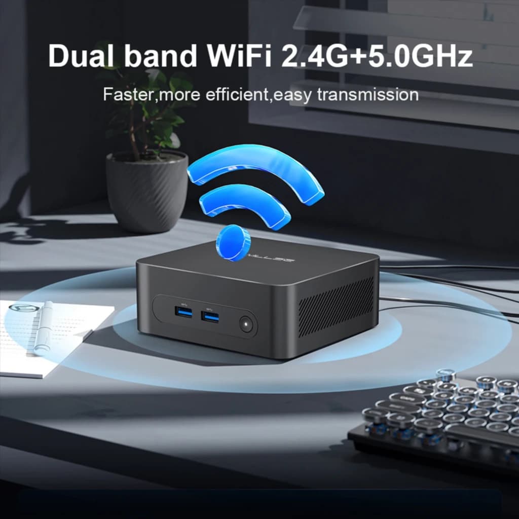 MLLSE M2 Plus Mini PC compacto en negro con puertos frontales USB 3.0, ventilación lateral y WiFi de doble banda 2.4G y 5G, ideal para escritorio moderno