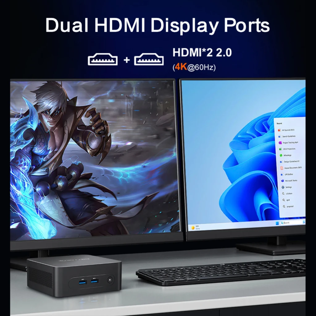 MLLSE M2 Plus Mini PC negro con carcasa compacta, puertos frontales USB azules, botón de encendido, rejillas de ventilación y panel trasero con HDMI, USB y - Ítem2