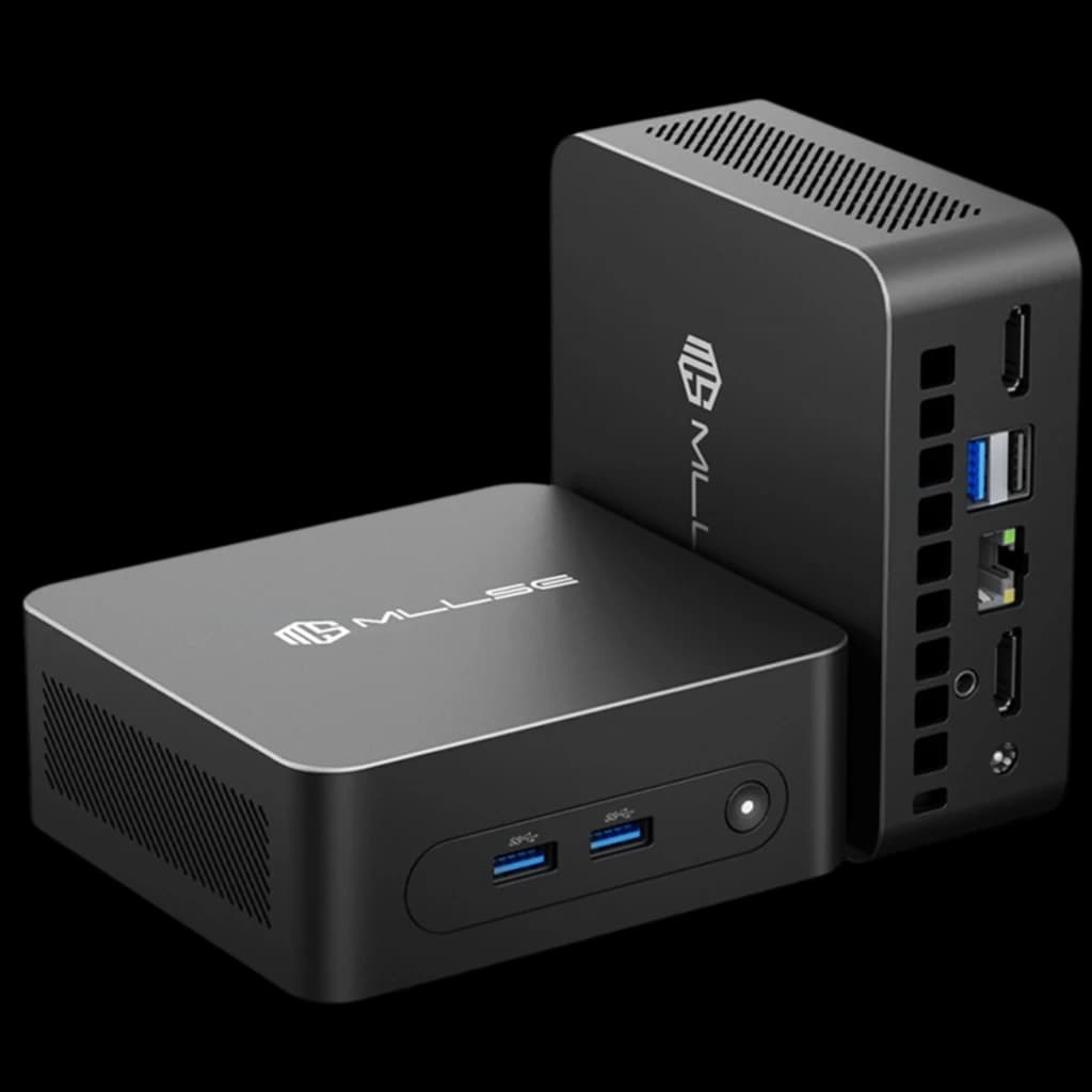 MLLSE M2 Plus Mini PC negro con carcasa compacta, puertos frontales USB azules, botón de encendido, rejillas de ventilación y panel trasero con HDMI, USB y
