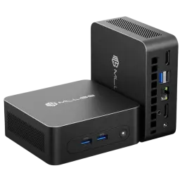 MLLSE M2 Plus Mini PC negro con carcasa compacta, puertos frontales USB azules, botón de encendido, rejillas de ventilación y panel trasero con HDMI, USB y