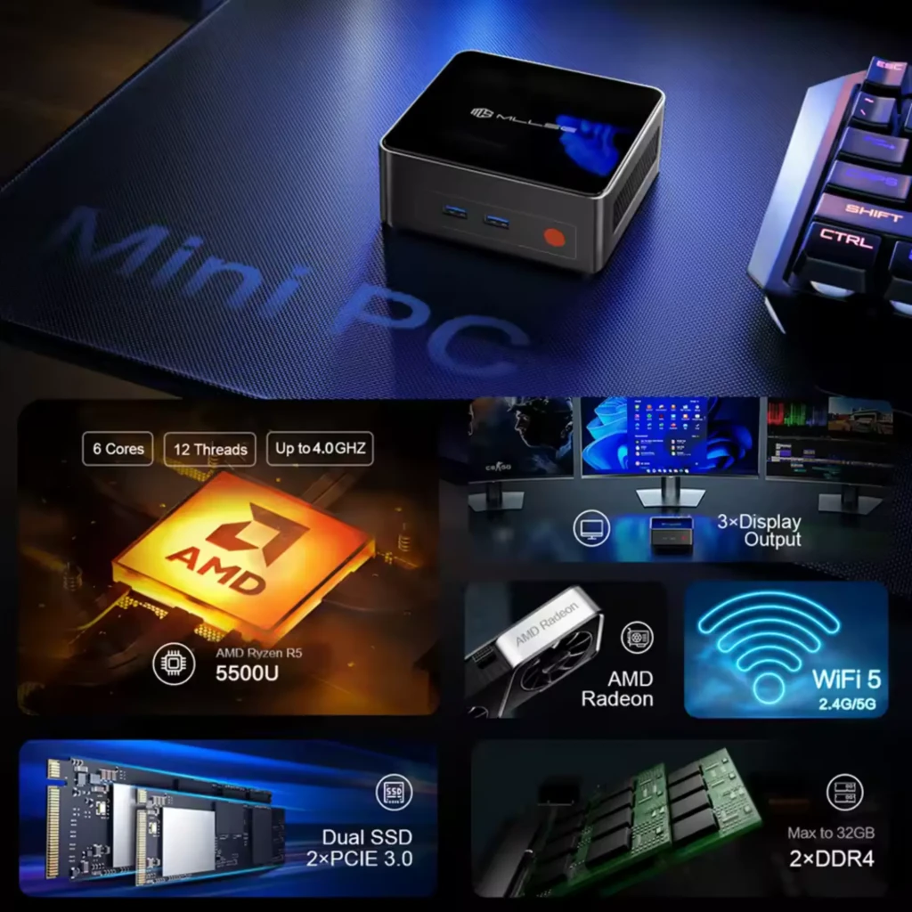 MLLSE G1 Mini PC compacto en negro con logo MLLSE, múltiples puertos frontales y traseros USB, HDMI, Ethernet y lector SD, carcasa brillante con ventilación - Ítem1