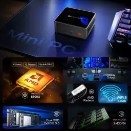 Mini PC compacto MLLSE G1 con Ryzen 5 5500U, chasis negro brillante, puertos frontales USB y audio, botón de encendido naranja, WiFi 5 y soporte triple