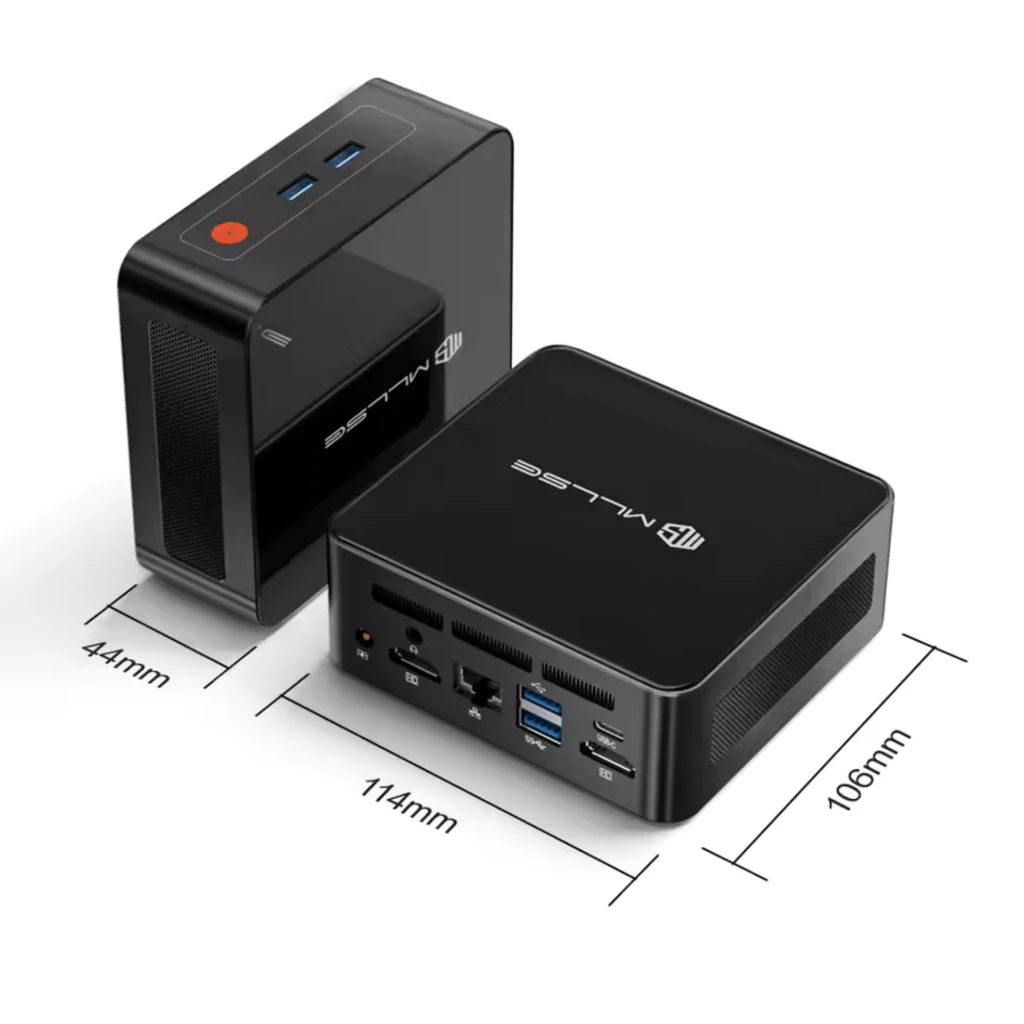 MLLSE G1 Mini PC compacto en negro con logo MLLSE, múltiples puertos frontales y traseros USB, HDMI, Ethernet y lector SD, carcasa brillante con ventilación - Ítem5