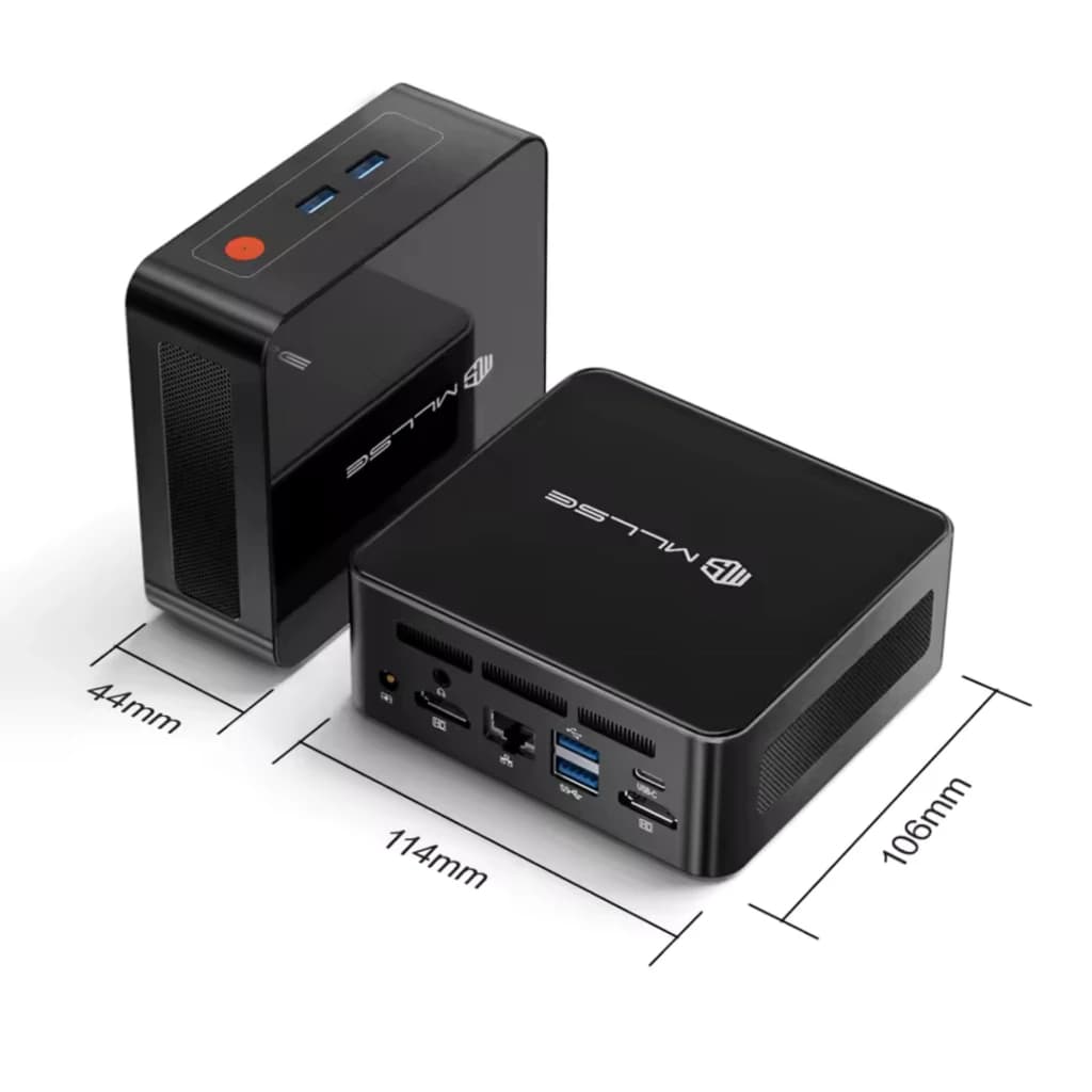 Mini PC MLLSE G1 compacto en negro con ventilación lateral, USB frontales, puertos HDMI, USB 3.0, LAN y audio traseros; medidas 114 x 106 x 44 mm