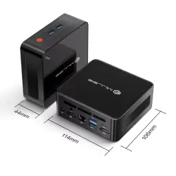 Mini PC MLLSE G1 compacto en negro con ventilación lateral, USB frontales, puertos HDMI, USB 3.0, LAN y audio traseros; medidas 114 x 106 x 44 mm