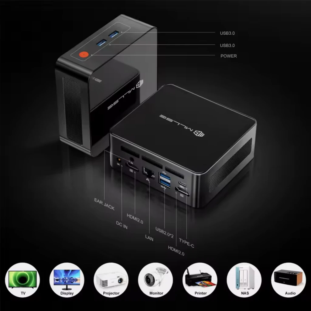 MLLSE G1 Mini PC compacto en negro con logo MLLSE, múltiples puertos frontales y traseros USB, HDMI, Ethernet y lector SD, carcasa brillante con ventilación - Ítem4
