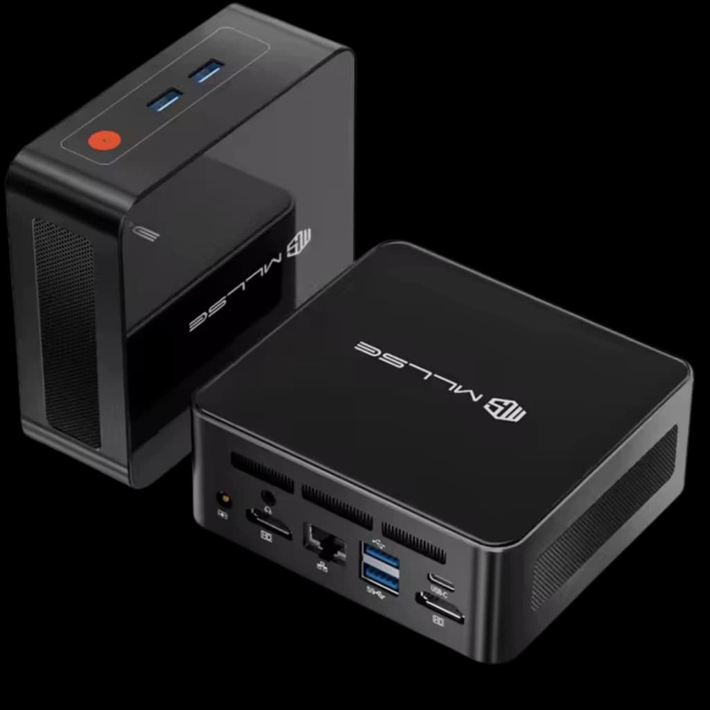 MLLSE G1 Mini PC compacto en negro con logo MLLSE, múltiples puertos frontales y traseros USB, HDMI, Ethernet y lector SD, carcasa brillante con ventilación