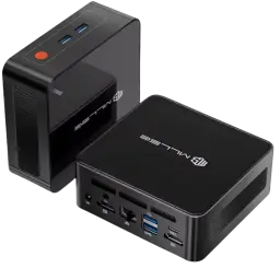 MLLSE G1 Mini PC compacto en negro con logo MLLSE, múltiples puertos frontales y traseros USB, HDMI, Ethernet y lector SD, carcasa brillante con ventilación