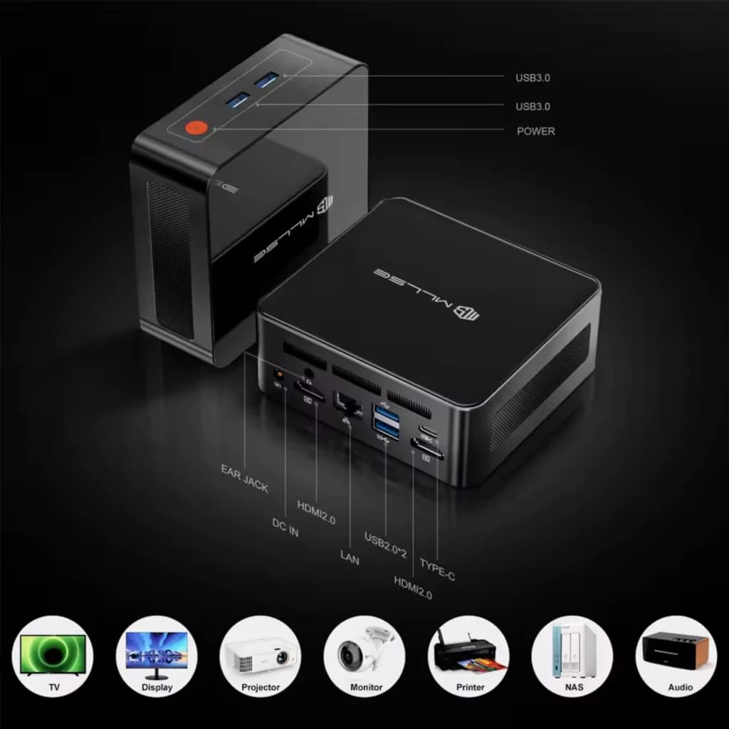 MLLSE G1 Pro Mini PC compacto en negro con Ryzen 7 5700U, puertos frontales USB 3.0 y power, laterales HDMI, USB 2.0, LAN, Type C, jack y ventilación superior