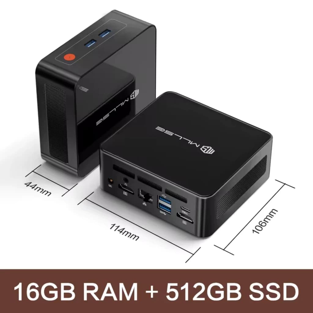 MLLSE G1 Pro Mini PC compacto negro con puertos frontales USB y botón naranja, laterales con rejillas, puertos traseros HDMI, USB, Ethernet y lector SD;