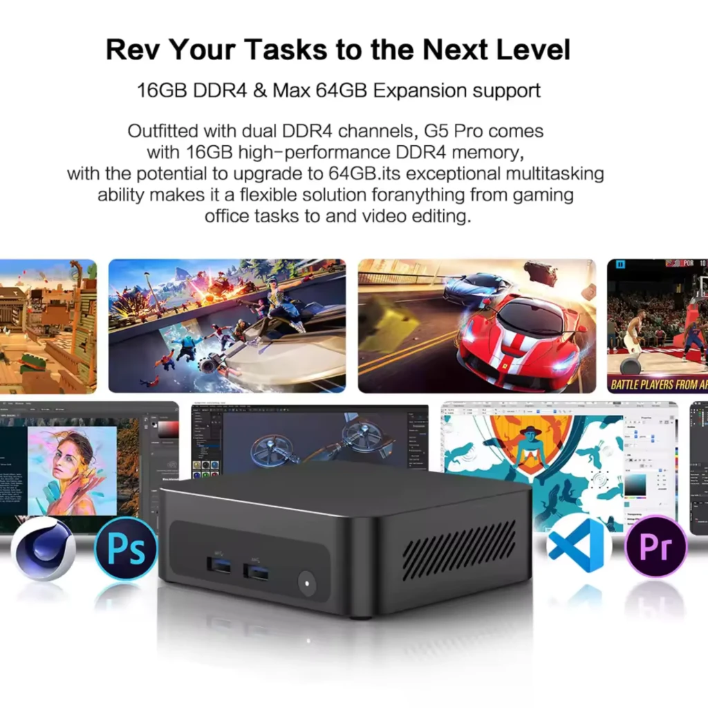 Mini PC compacto negro con rejillas laterales y puertos traseros: HDMI, Ethernet, USB 3.0 azules, USB 2.0 negro y USB-C. Diseño minimalista y portátil - Ítem2