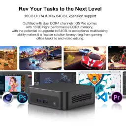 Mini PC MLLSE G5 Pro compacto en negro con rejillas laterales, dos USB frontales y botón de encendido; muestra uso en juegos, edición y multitarea