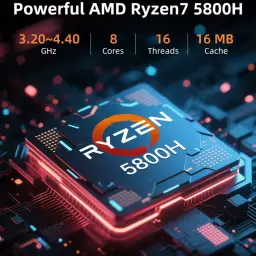Chip AMD Ryzen 7 5800H destacado sobre placa base, texto indica 3.20–4.40 GHz, 8 núcleos, 16 hilos y 16 MB de caché, estilo tecnológico brillante
