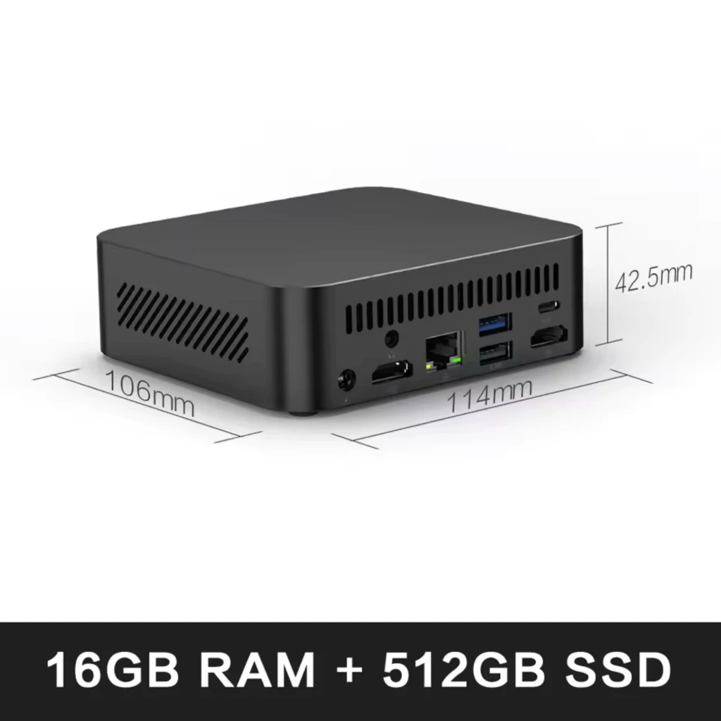 Mini PC compacto negro con rejillas laterales y puertos traseros: HDMI, Ethernet, USB 3.0 azules, USB 2.0 negro y USB-C. Diseño minimalista y portátil - Ítem5