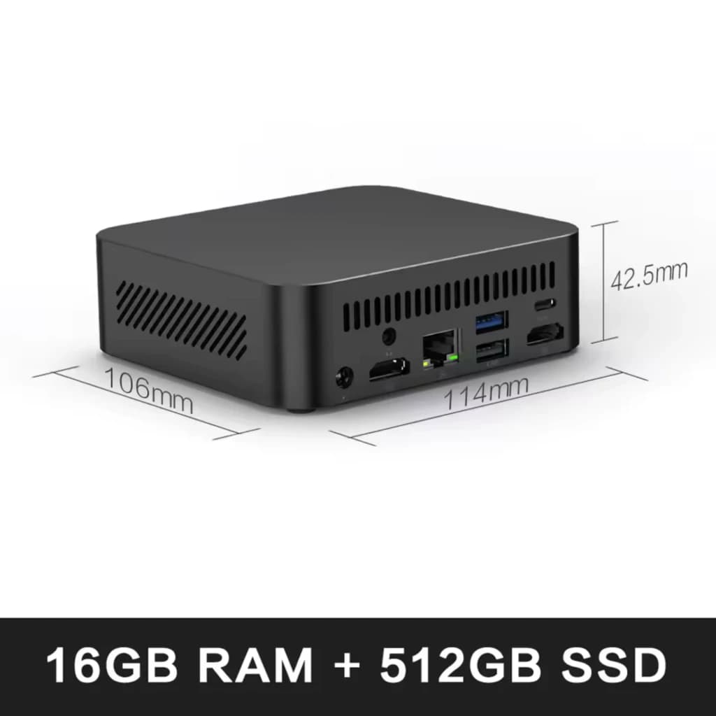 MLLSE G5 Pro Mini PC Ryzen 7 5800H compacto, chasis negro con rejillas laterales, puertos HDMI, USB, RJ45 y audio; 106 x 114 x 42.5 mm; 16 GB DDR4 y 512 GB SSD