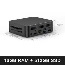 MLLSE G5 Pro Mini PC Ryzen 7 5800H compacto, chasis negro con rejillas laterales, puertos HDMI, USB, RJ45 y audio; 106 x 114 x 42.5 mm; 16 GB DDR4 y 512 GB SSD