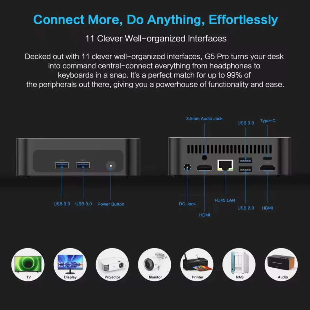 Mini PC compacto negro con rejillas laterales y puertos traseros: HDMI, Ethernet, USB 3.0 azules, USB 2.0 negro y USB-C. Diseño minimalista y portátil - Ítem1