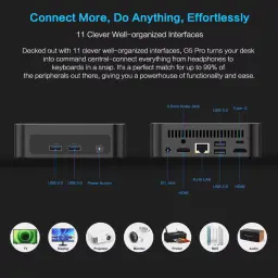 Mini PC MLLSE G5 Pro con Ryzen 7 5800H, 16 GB RAM, 512 GB SSD y Windows 11 Pro; destaca puertos frontales y traseros USB, HDMI, RJ45 y audio 3.5 mm