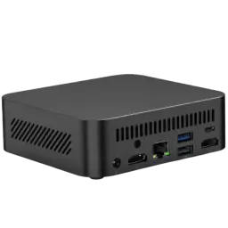 Mini PC compacto negro con rejillas laterales y puertos traseros: HDMI, Ethernet, USB 3.0 azules, USB 2.0 negro y USB-C. Diseño minimalista y portátil