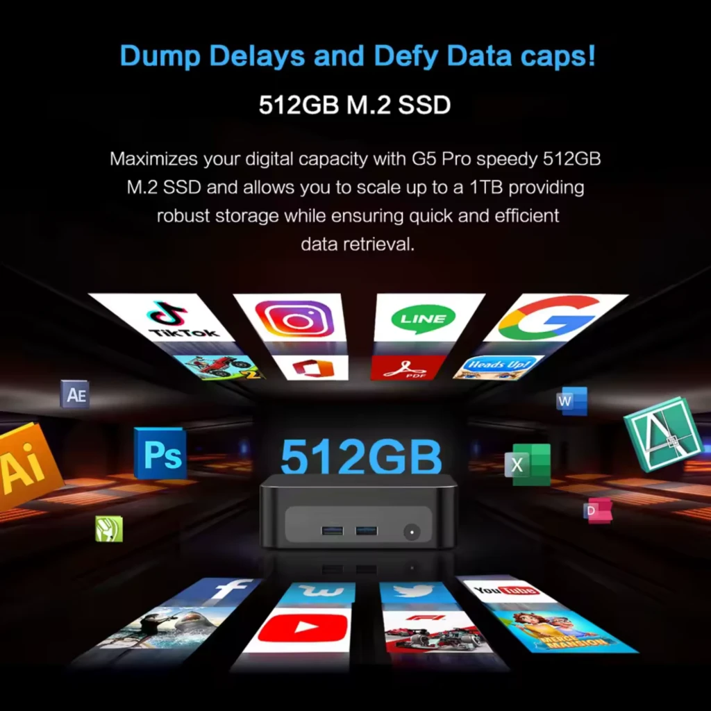 Mini PC compacto negro con rejillas laterales y puertos traseros: HDMI, Ethernet, USB 3.0 azules, USB 2.0 negro y USB-C. Diseño minimalista y portátil - Ítem3