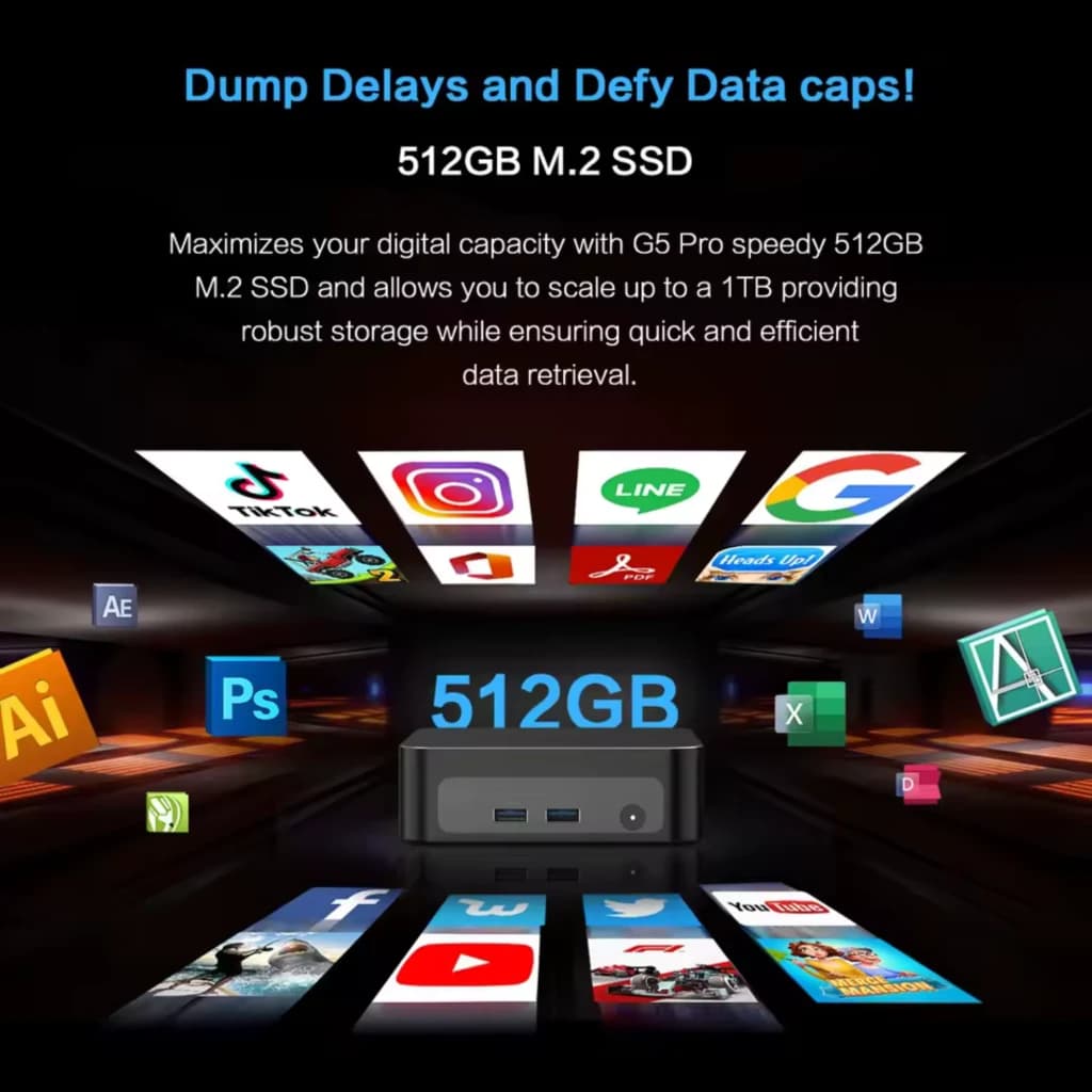 MLLSE G5 Pro Mini PC frontal con 2 USB y jack, destaca 512 GB M.2 SSD, logos de apps alrededor, iluminación futurista y mensaje de rendimiento y almacenamiento