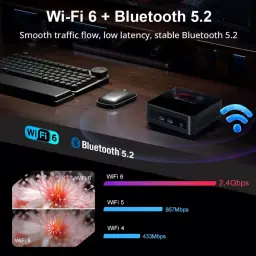 MLLSE M6 Mini PC compacto con Intel Core i5-12450H, puertos frontales USB y audio, chasis negro, Wi‑Fi 6 y Bluetooth 5.2 destacadas en pantalla