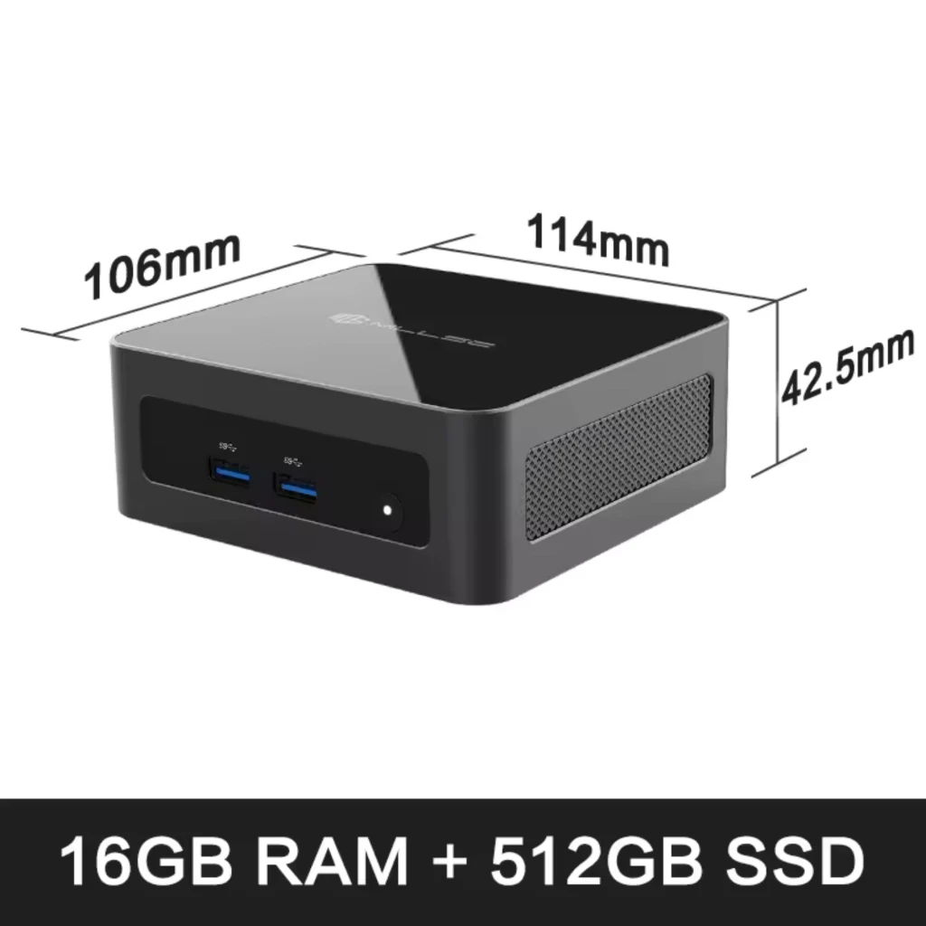 Mini PC MLLSE M6 compacto en negro, carcasa cuadrada con rejillas laterales, puertos frontales USB 3.0 y traseros HDMI, USB, RJ45 y audio, logo superior - Ítem6