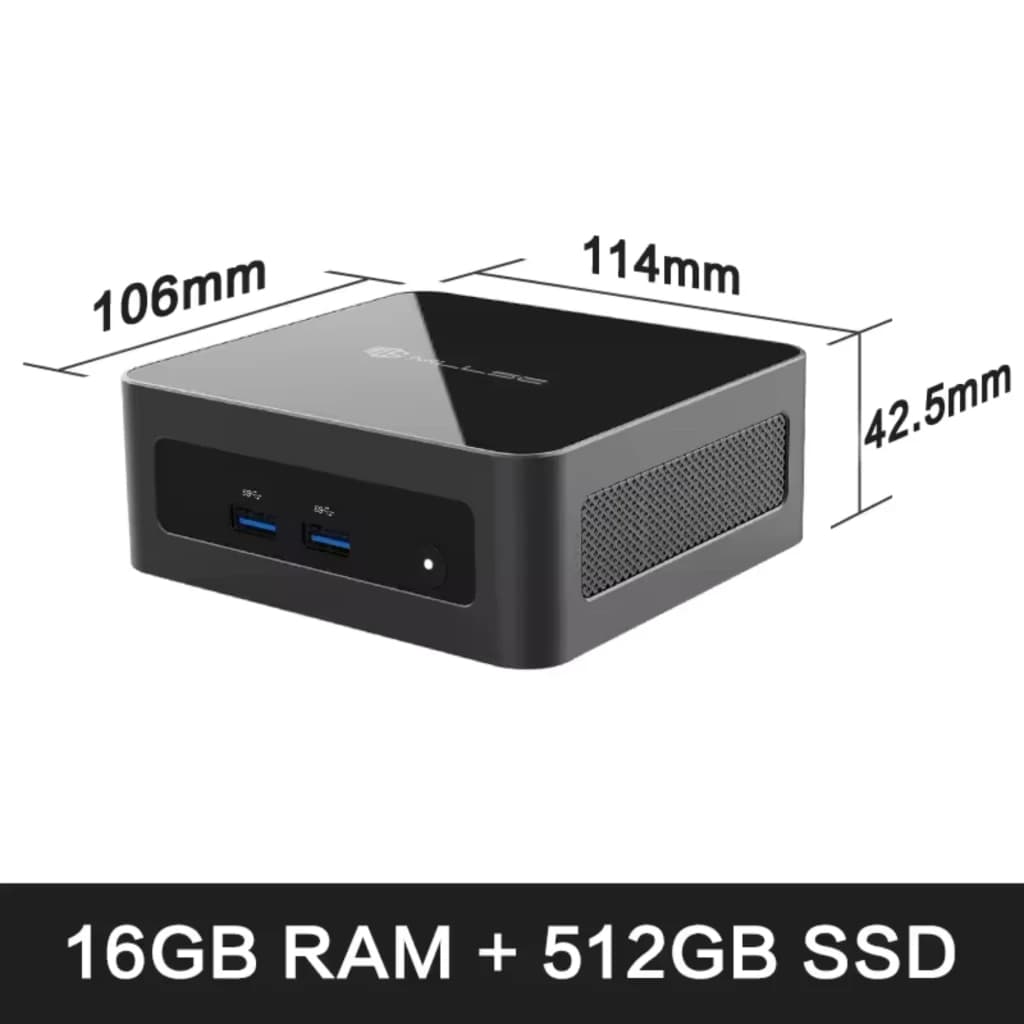 MLLSE M6 Mini PC compacto negro con ventilación lateral, puertos frontales USB 3.0 y audio; medidas 114×106×42.5 mm; 16 GB RAM y SSD 512 GB