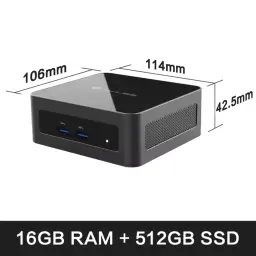 MLLSE M6 Mini PC compacto negro con ventilación lateral, puertos frontales USB 3.0 y audio; medidas 114×106×42.5 mm; 16 GB RAM y SSD 512 GB