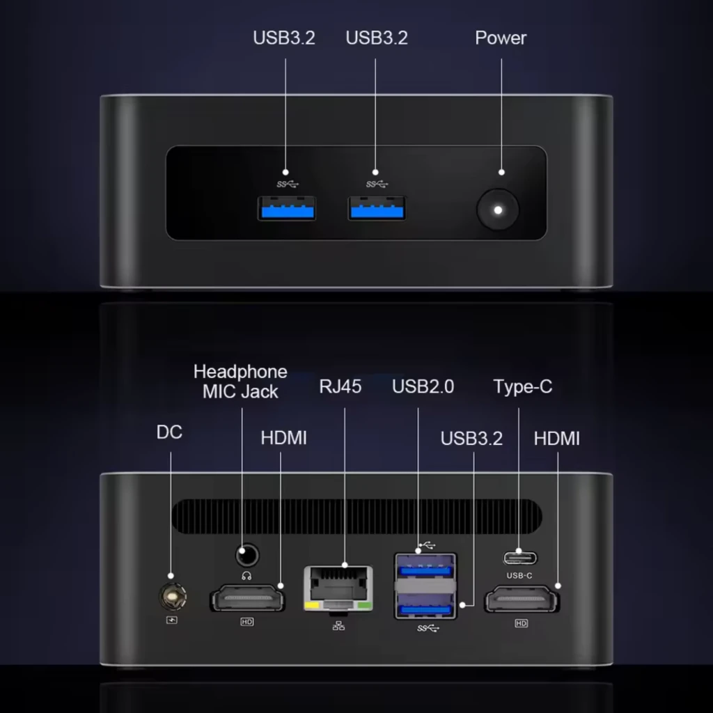 Mini PC MLLSE M6 compacto en negro, carcasa cuadrada con rejillas laterales, puertos frontales USB 3.0 y traseros HDMI, USB, RJ45 y audio, logo superior - Ítem1
