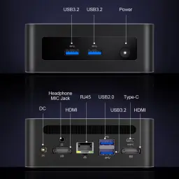 MLLSE M6 Mini PC compacto negro con frontal USB 3.2 dual y botón de encendido; trasera con HDMI dual, USB-C, USB 3.2, USB 2.0, RJ45, jack audio y DC