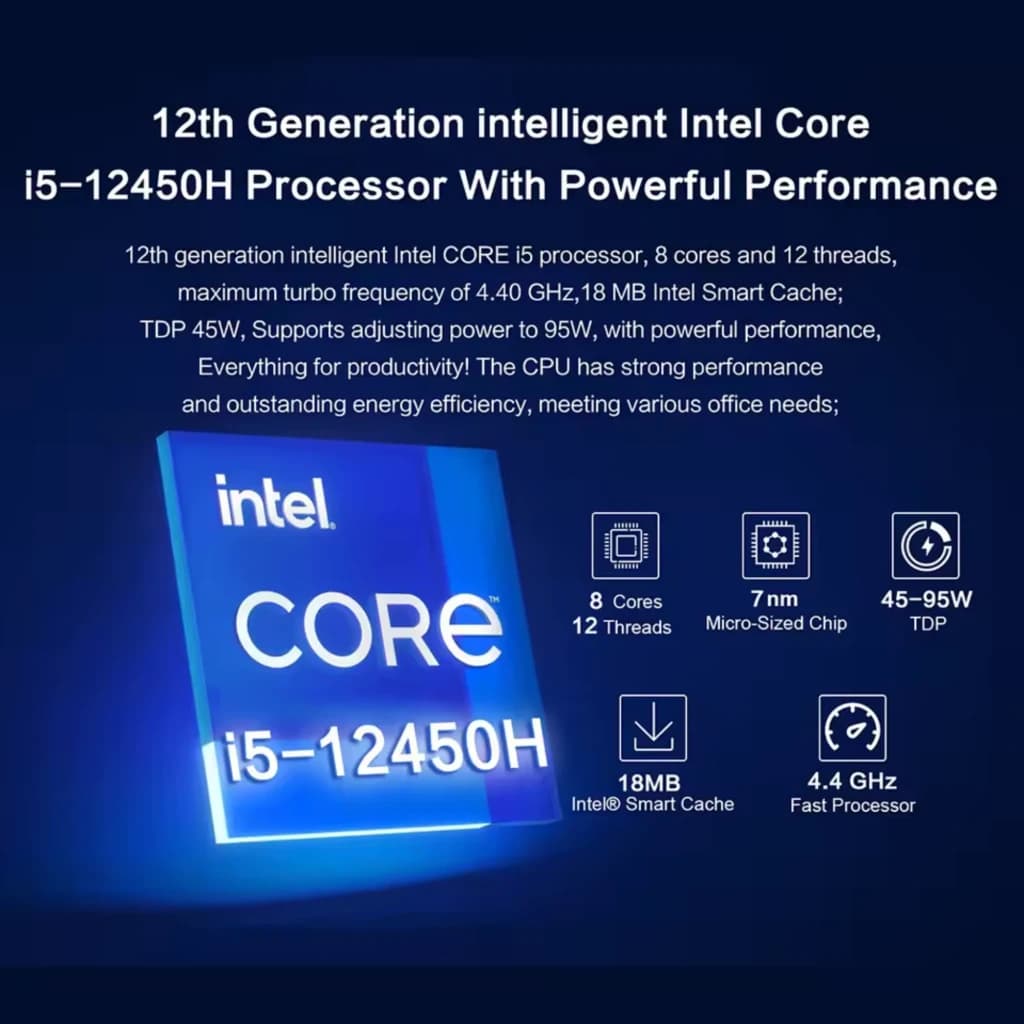 Gráfico promocional del Intel Core i5-12450H: 8 núcleos, 12 hilos, 7 nm, TDP 45–95 W, 18 MB cache inteligente, frecuencia turbo 4.4 GHz en estilo azul