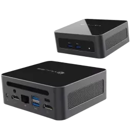 Mini PC MLLSE M6 compacto en negro, carcasa cuadrada con rejillas laterales, puertos frontales USB 3.0 y traseros HDMI, USB, RJ45 y audio, logo superior