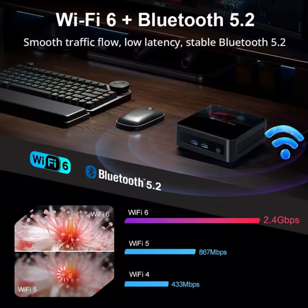 Mini PC MLLSE M7 negro compacto con bordes redondeados, rejillas laterales, puertos frontales USB y LED; trasera con HDMI, Ethernet, USB y audio - Ítem1