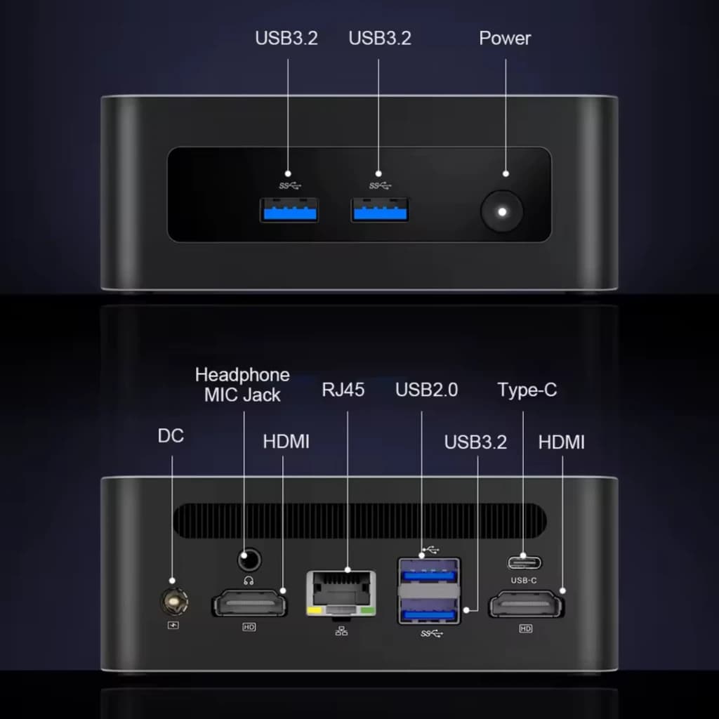 MLLSE M7 Mini PC compacto negro con frontal de dos USB 3.2 y botón de encendido; posterior con DC, HDMI dual, RJ45, USB 2.0, USB 3.2, Type‑C y jack de audio