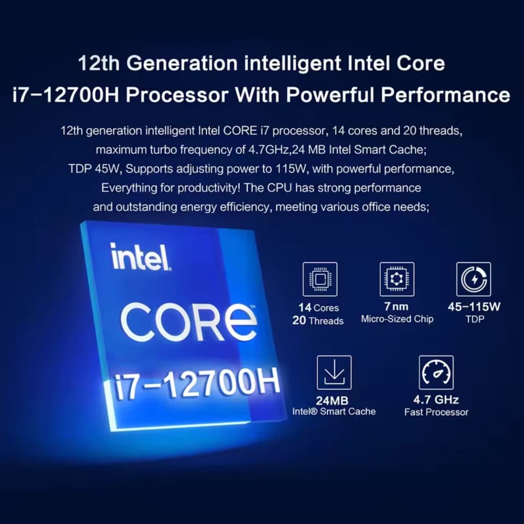 MLLSE M7 Mini PC con Intel Core i7 12700H, 14 núcleos y 20 hilos, 4.7 GHz, 24 MB caché, TDP 45–115 W, destaca logotipo intel core y ficha técnica