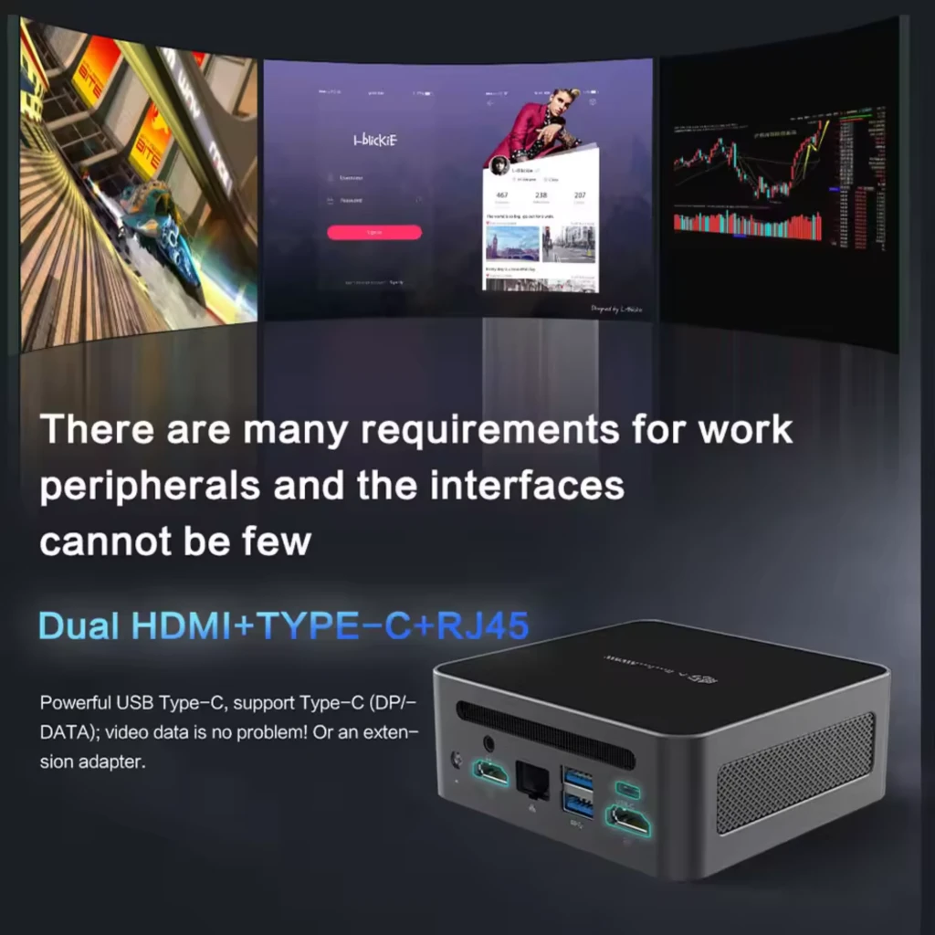 Mini PC MLLSE M7 negro compacto con bordes redondeados, rejillas laterales, puertos frontales USB y LED; trasera con HDMI, Ethernet, USB y audio - Ítem3