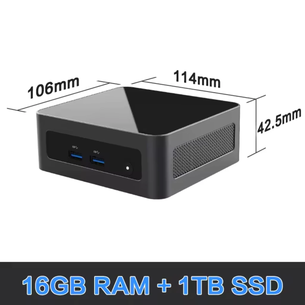 MLLSE M8 Mini PC compacto en negro, chasis metálico, rejillas laterales, puertos frontales USB y traseros HDMI, Ethernet y USB, diseño minimalista Windows 11 - Ítem6